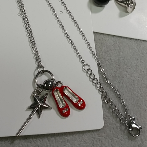 Magic Wand & Ruby Red Slippers Charm Necklace Adjustable Stainless-Steel Chain - Picture 4 of 6